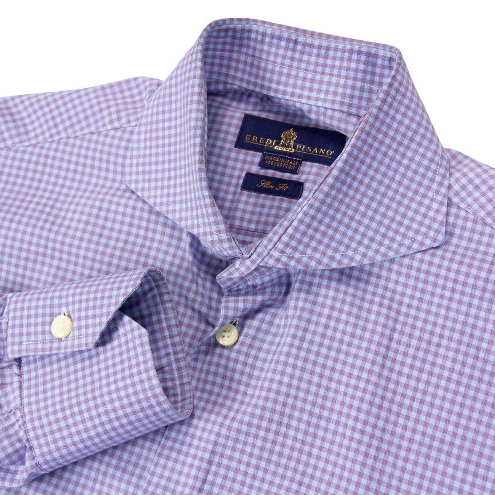Eredi Pisano Mens 15.5 Slim Fit Dress Shirt Blue Gingham Cotton Made in Italy